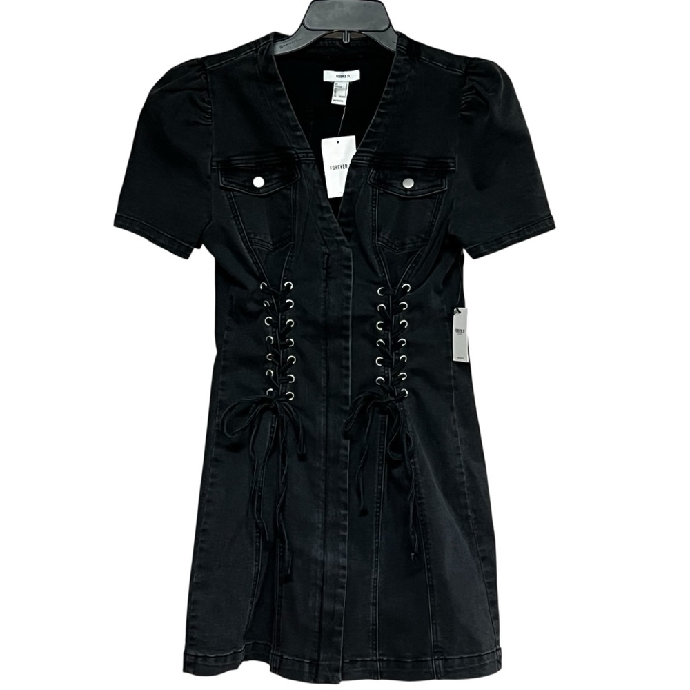 Forever 21 Black Denim Lace-Up Stretch Mini Dress Size L